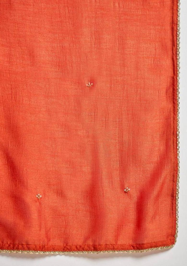 Orange Embroidery Silk Kurta Set - Indya