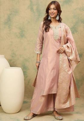 Peach Solid Silk Kurta Set