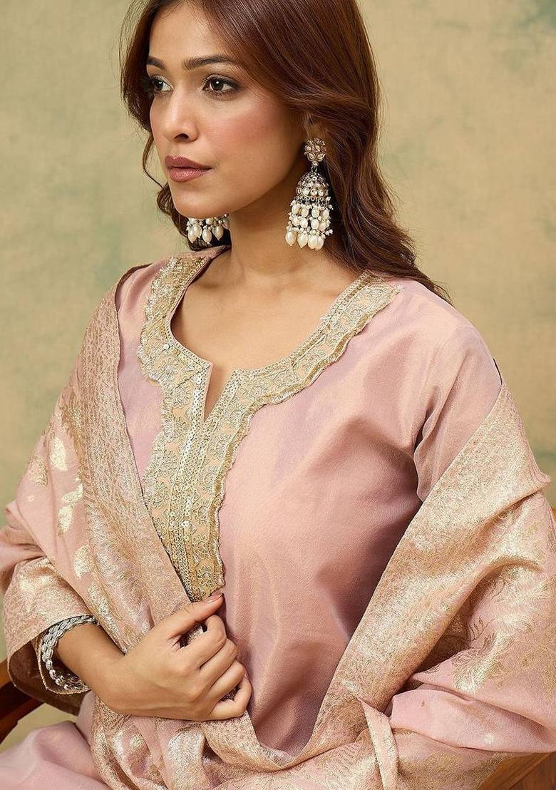 Peach Solid Silk Kurta Set - Indya