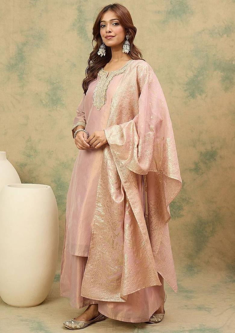 Peach Solid Silk Kurta Set - Indya