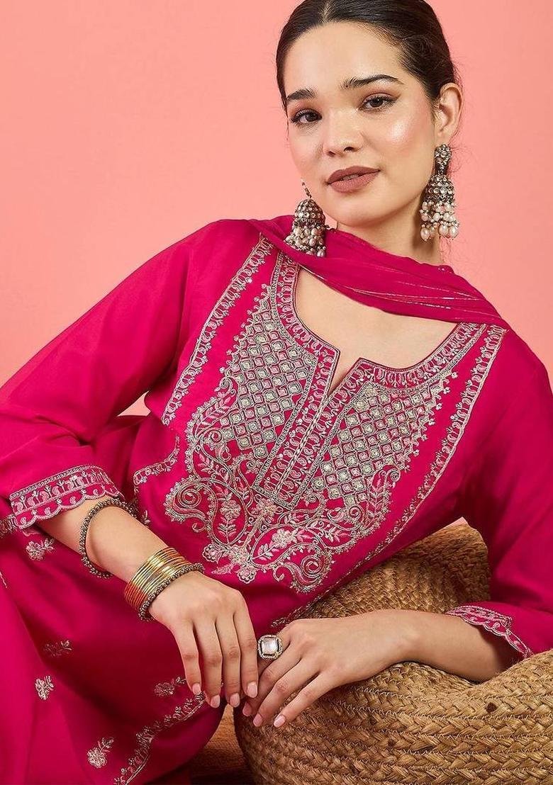 Pink Embroidery Silk Kurta Set - Indya