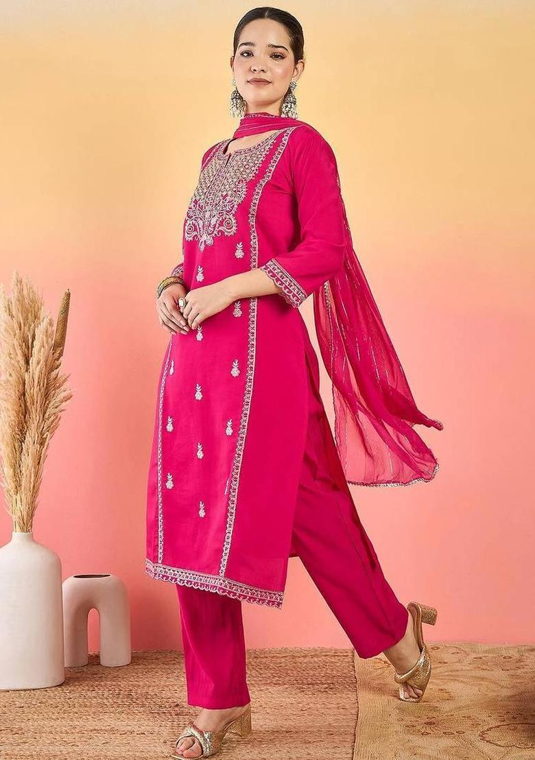 Pink Embroidery Silk Kurta Set - Indya