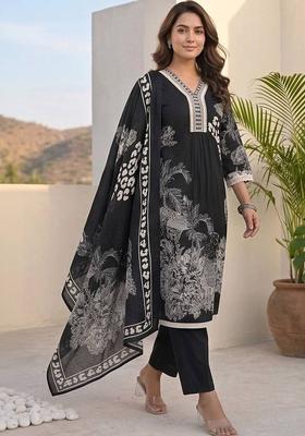 Black Floral Print Cotton Kurta Set