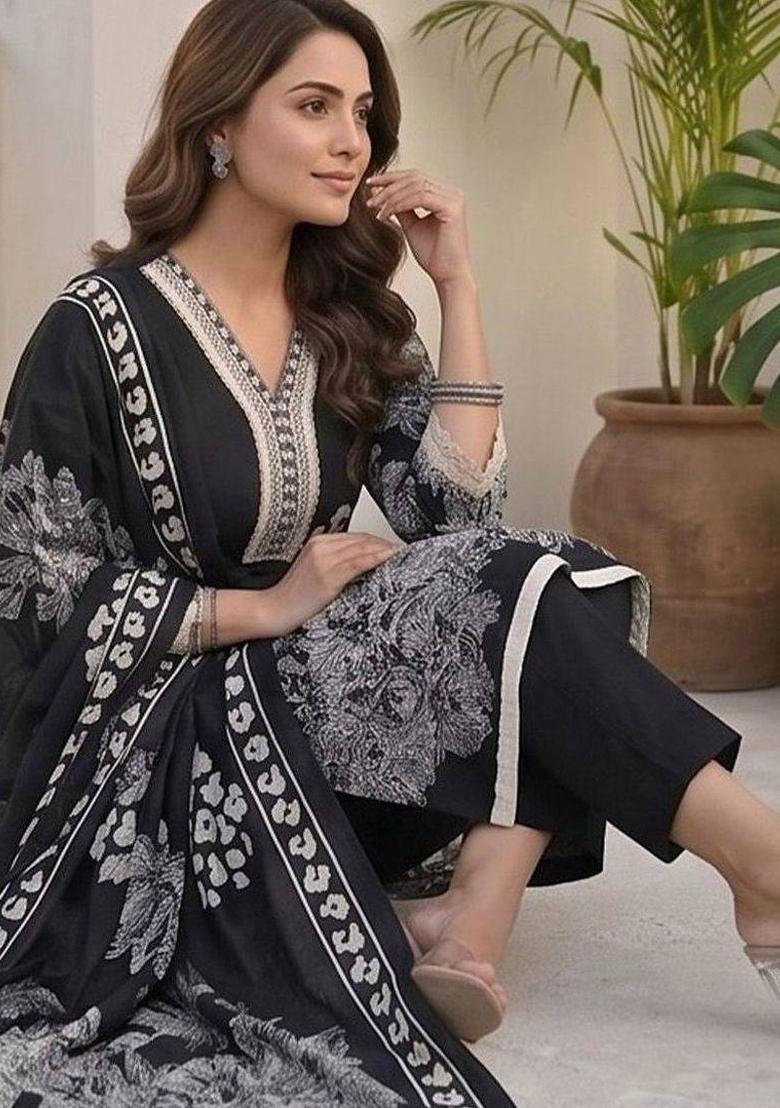 Black Floral Print Cotton Kurta Set - Indya