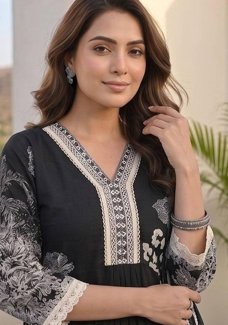 Black Floral Print Cotton Kurta Set - Indya
