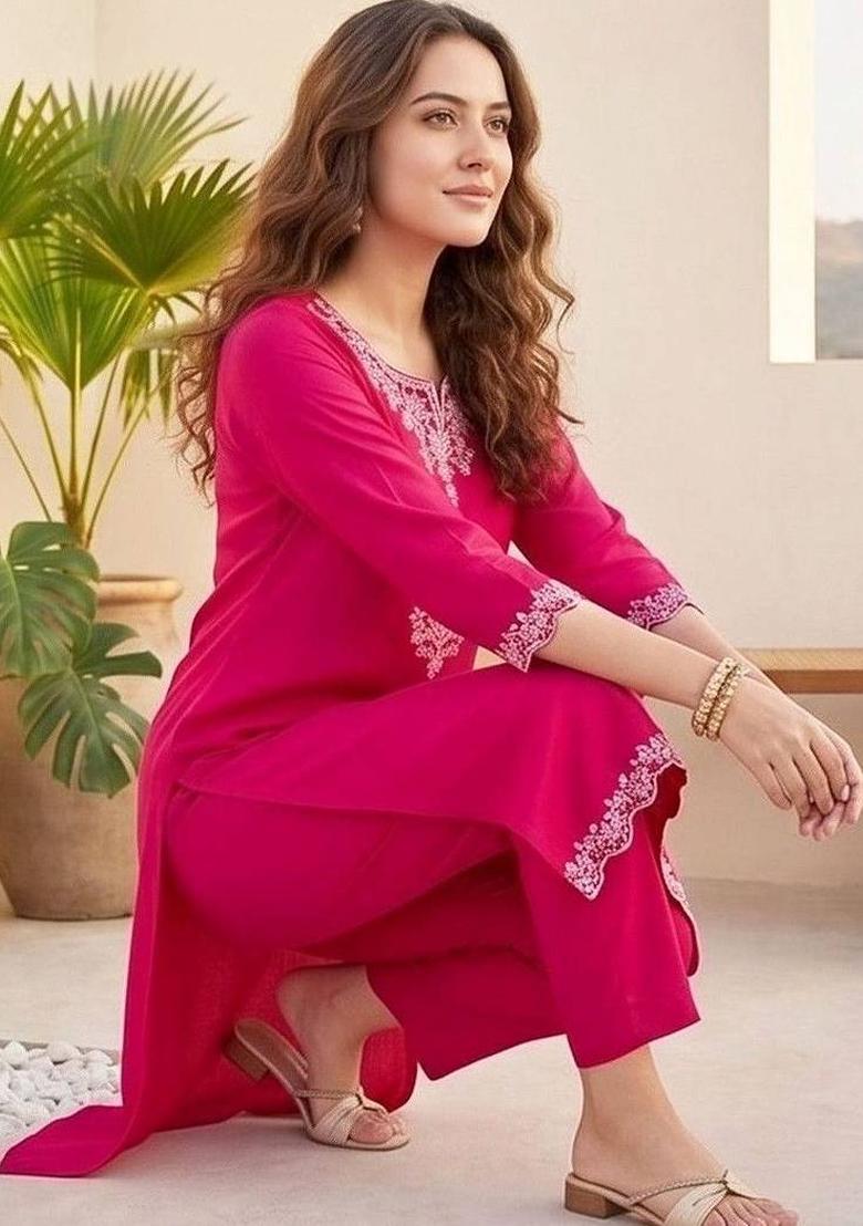 Pink Embroidery Silk Kurta Set - Indya