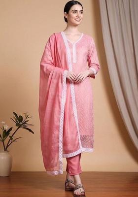 Pink Embroidery Cotton Kurta Set