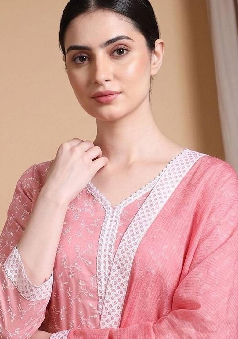 Pink Embroidery Cotton Kurta Set - Indya