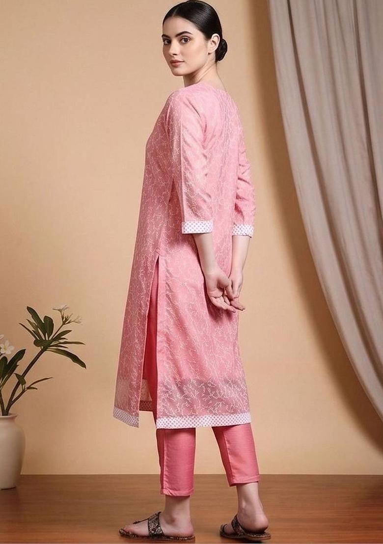 Pink Embroidery Cotton Kurta Set - Indya