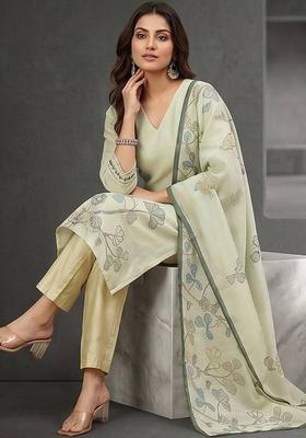 Cream Floral Print Chanderi Kurta Set