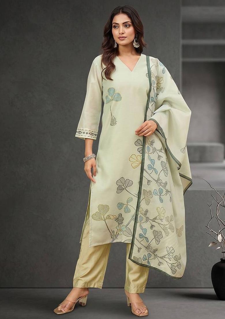 Cream Floral Print Chanderi Kurta Set - Indya