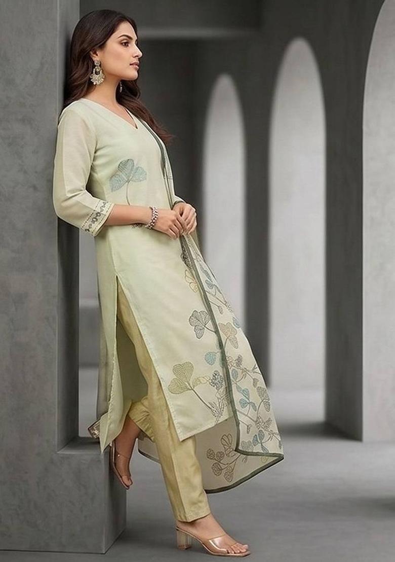 Cream Floral Print Chanderi Kurta Set - Indya