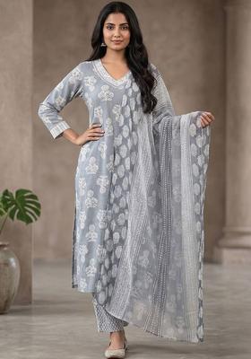 Grey Floral Print Cotton Kurta Set