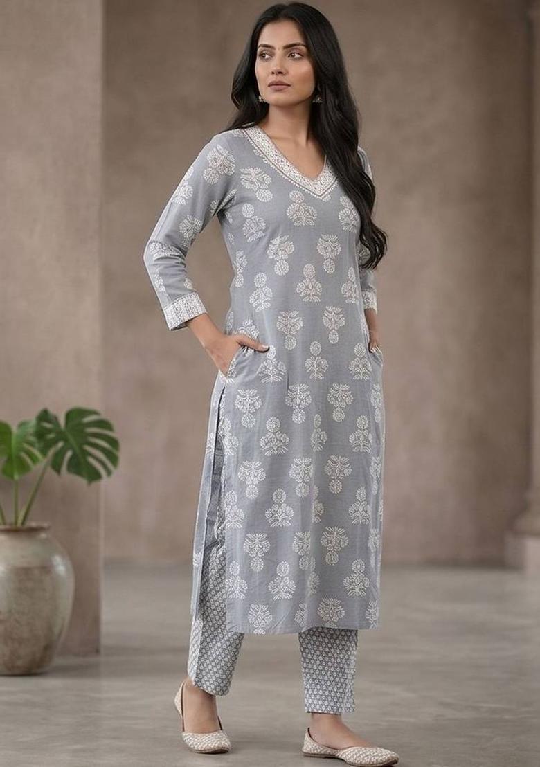 Grey Floral Print Cotton Kurta Set - Indya