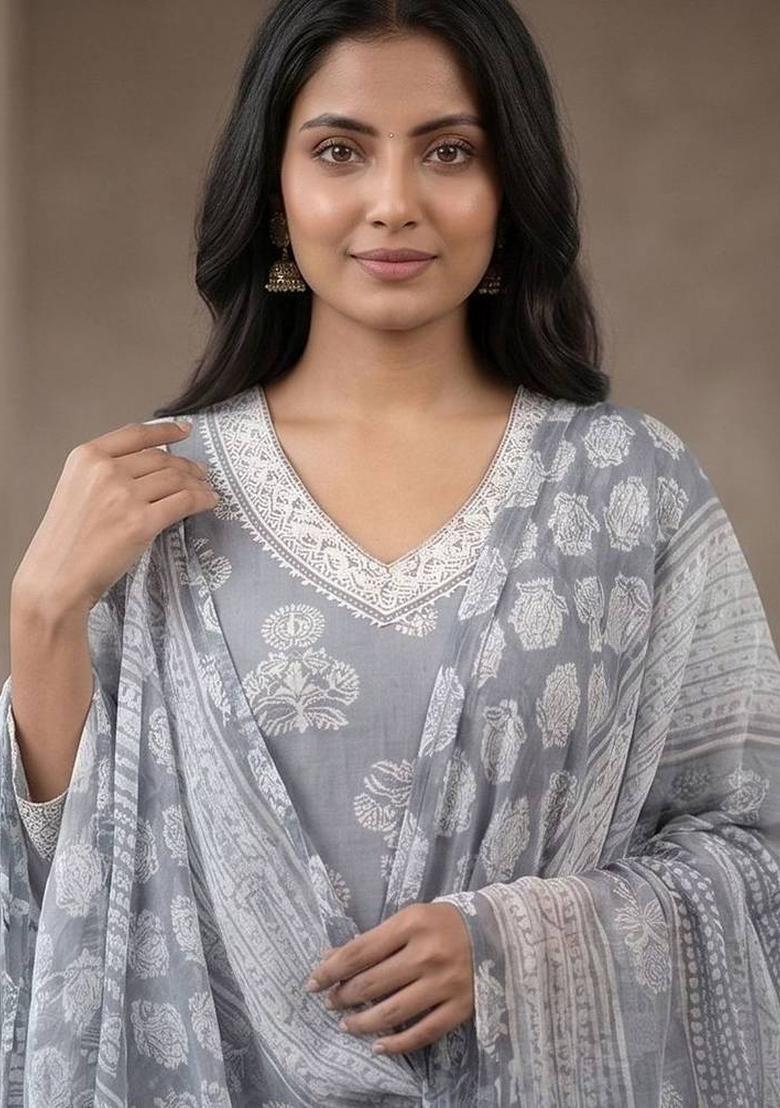 Grey Floral Print Cotton Kurta Set - Indya