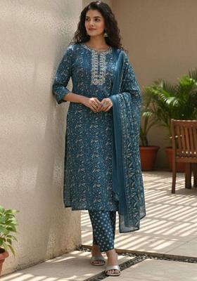 Teal Floral Print Cotton Kurta Set
