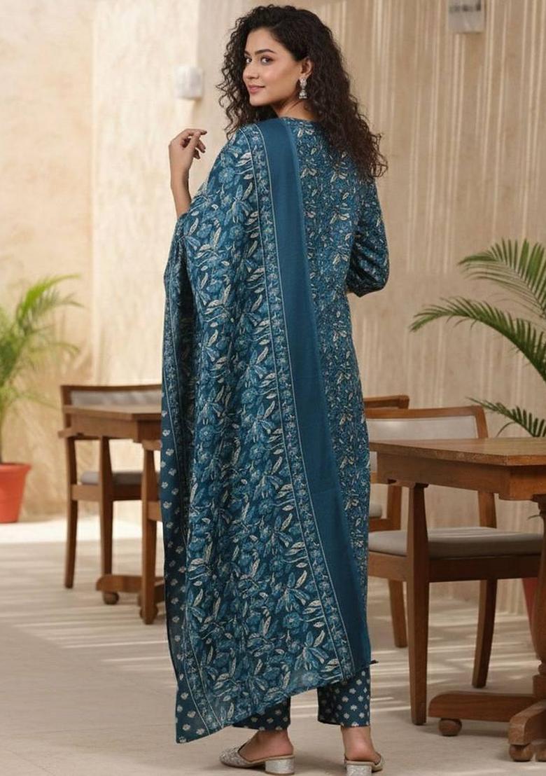 Teal Floral Print Cotton Kurta Set - Indya