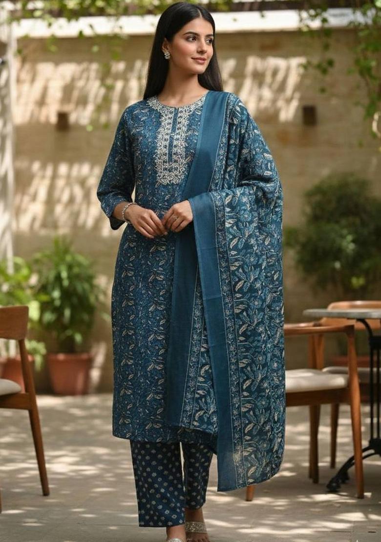 Teal Floral Print Cotton Kurta Set - Indya