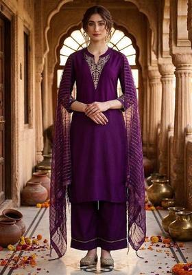 Purple Solid Silk Kurta Set