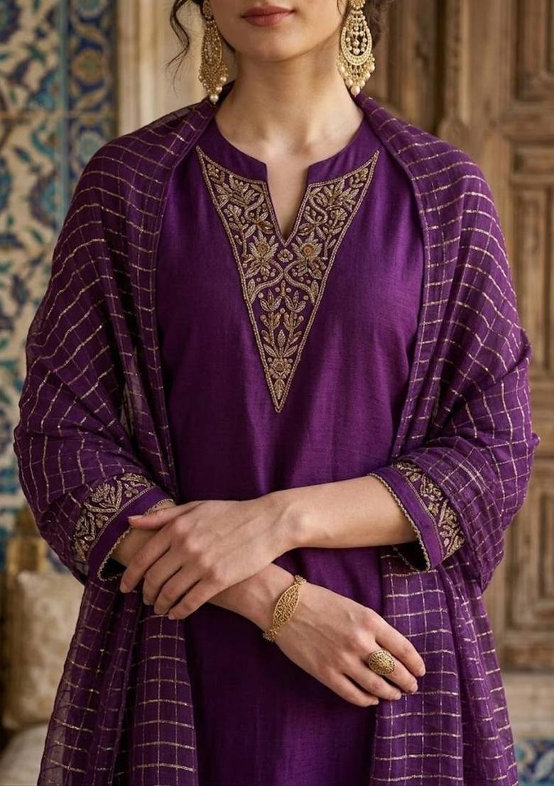 Purple Solid Silk Kurta Set - Indya