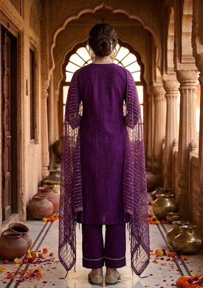 Purple Solid Silk Kurta Set - Indya