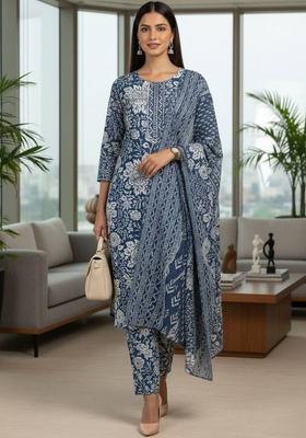Blue Floral Print Cotton Kurta Set