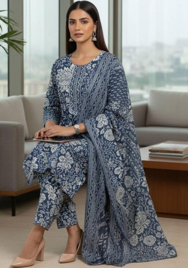 Blue Floral Print Cotton Kurta Set - Indya