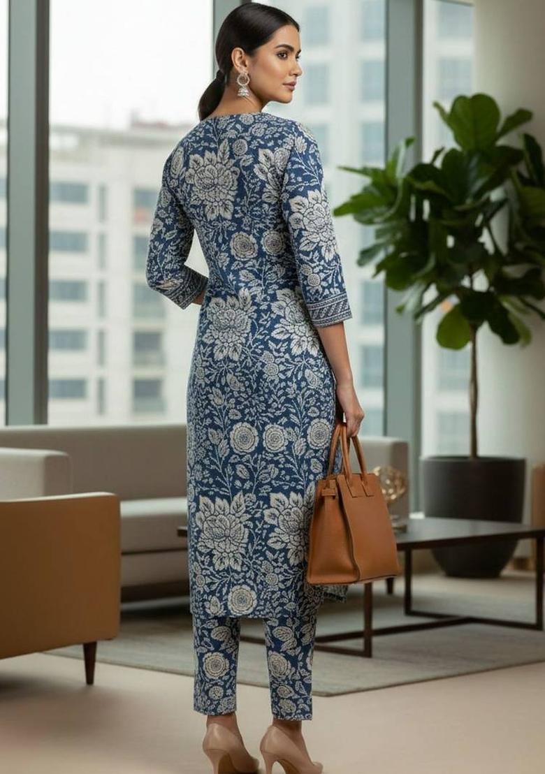 Blue Floral Print Cotton Kurta Set - Indya