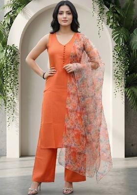 Orange Solid Cotton Kurta Set