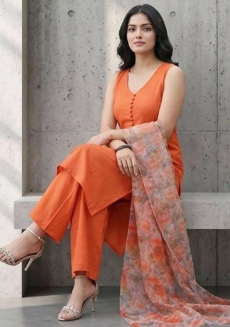 Orange Solid Cotton Kurta Set - Indya