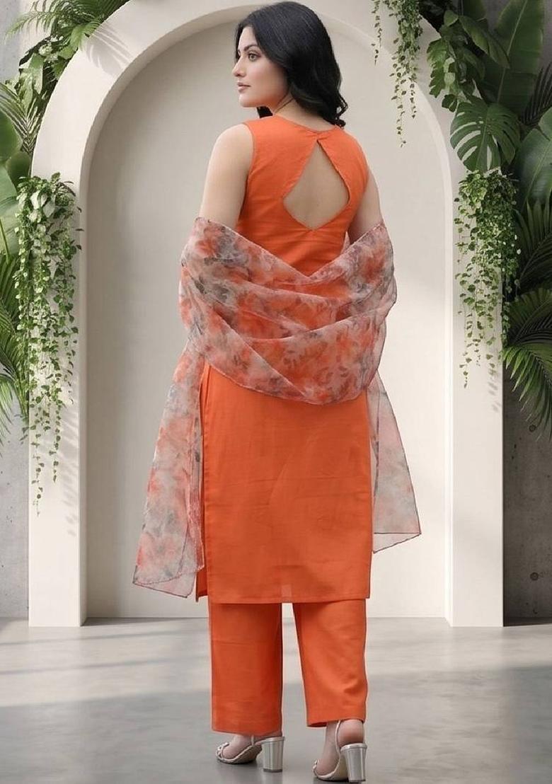 Orange Solid Cotton Kurta Set - Indya