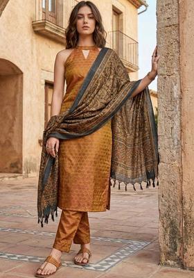 Mustard Solid Silk Kurta Set