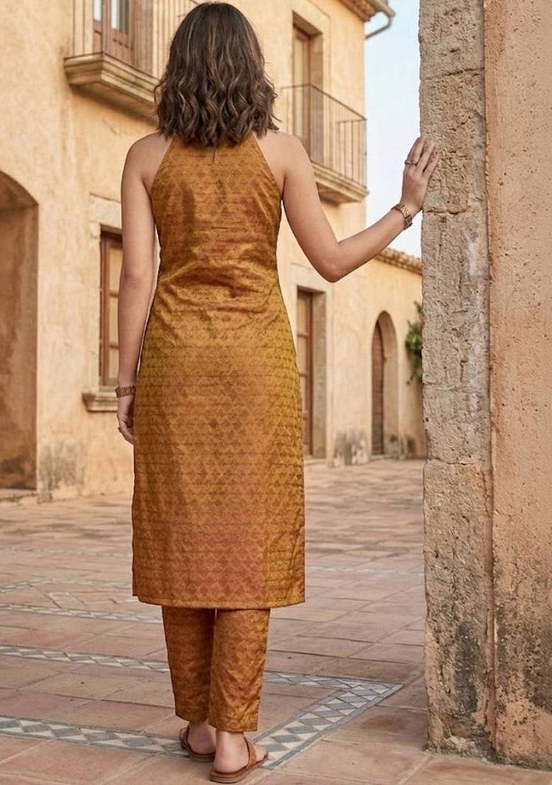 Mustard Solid Silk Kurta Set - Indya