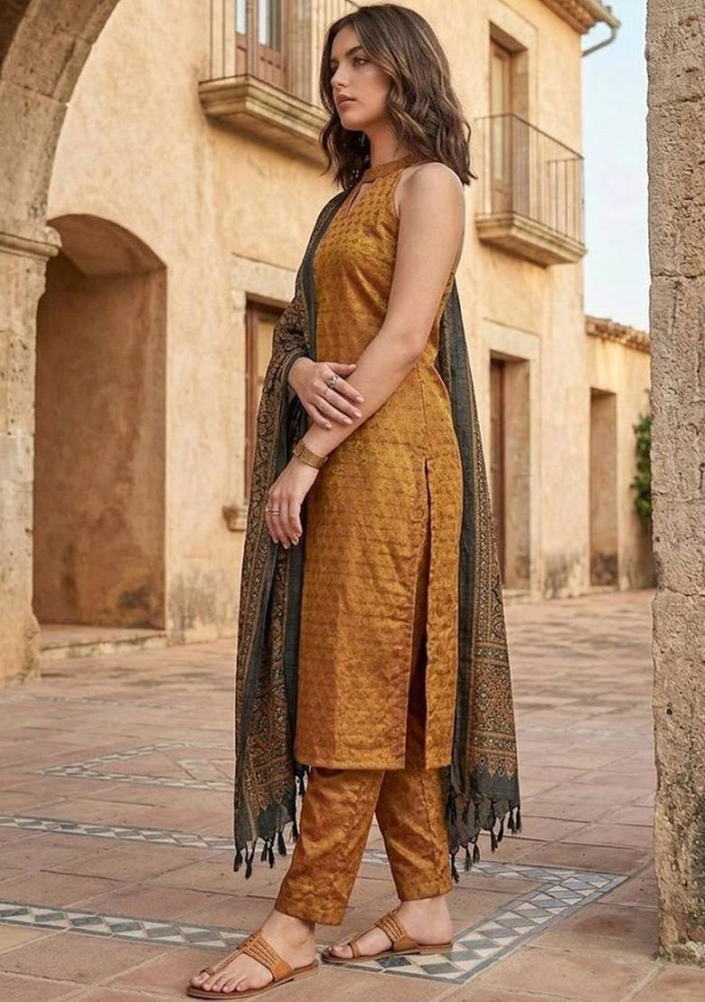 Mustard Solid Silk Kurta Set - Indya