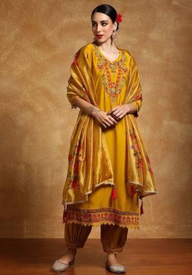Yellow Thread Work Silk Kurta Set