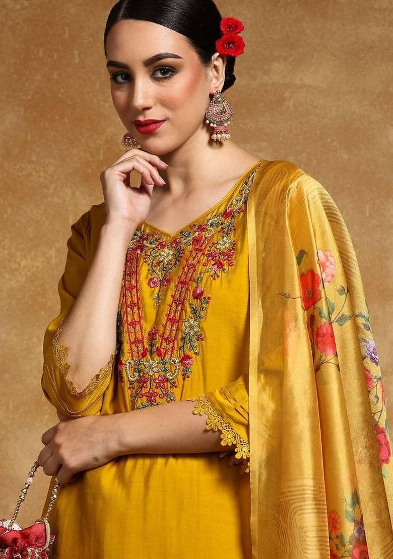 Yellow Thread Work Silk Kurta Set - Indya