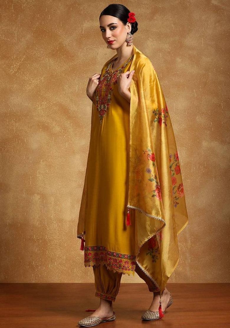 Yellow Thread Work Silk Kurta Set - Indya