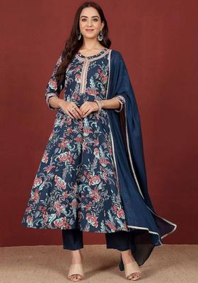 Blue Floral Print Cotton Kurta Set