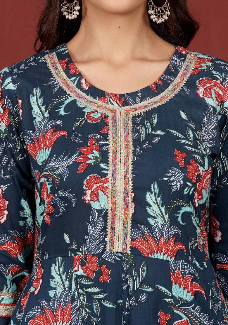 Blue Floral Print Cotton Kurta Set - Indya