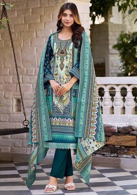Turquoise Blue Floral Print Cotton Kurta Set
