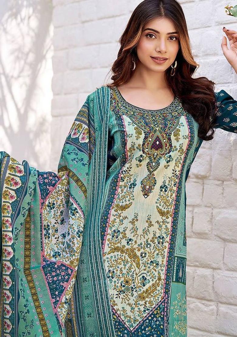 Turquoise Blue Floral Print Cotton Kurta Set - Indya