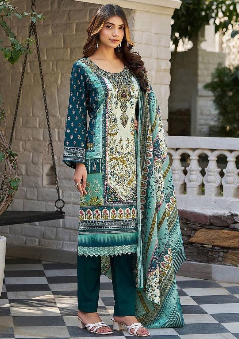 Turquoise Blue Floral Print Cotton Kurta Set - Indya