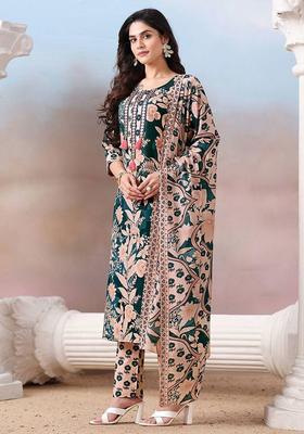 Green Floral Print Cotton Kurta Set