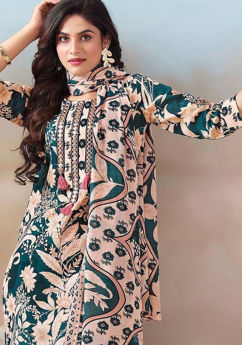 Green Floral Print Cotton Kurta Set - Indya