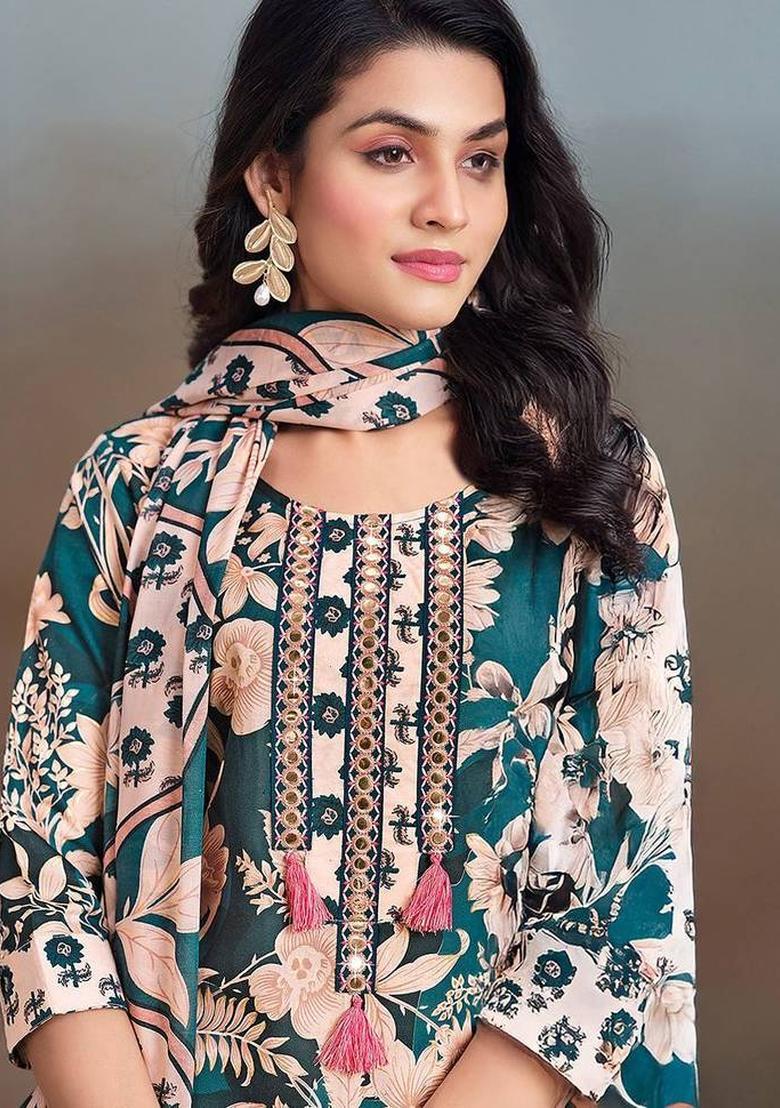 Green Floral Print Cotton Kurta Set - Indya