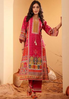 Fuchsia Floral Print Silk Kurta Set