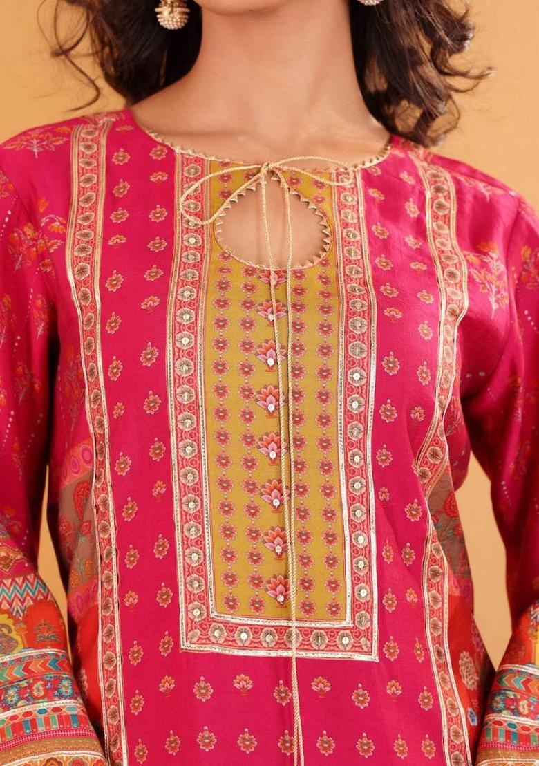 Fuchsia Floral Print Silk Kurta Set - Indya