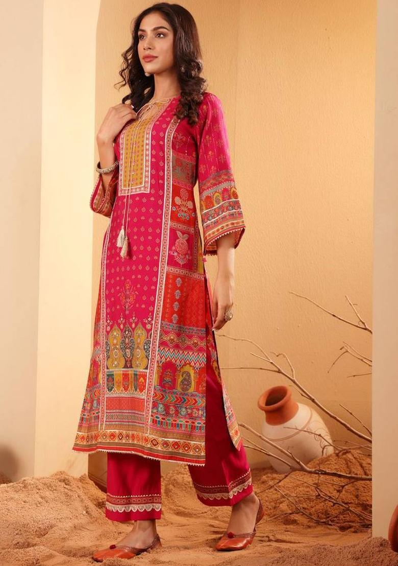 Fuchsia Floral Print Silk Kurta Set - Indya