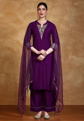 Purple Embroidery Silk Kurta Set