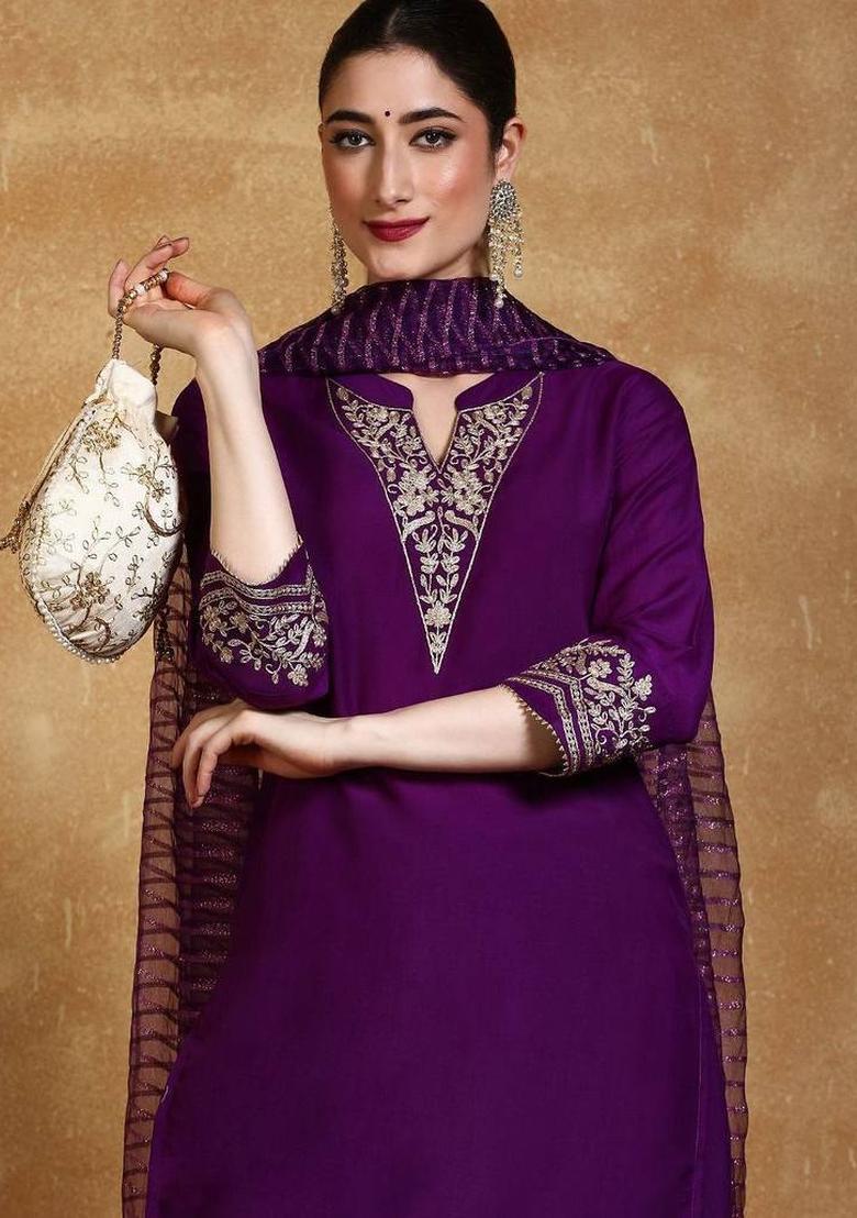 Purple Embroidery Silk Kurta Set - Indya